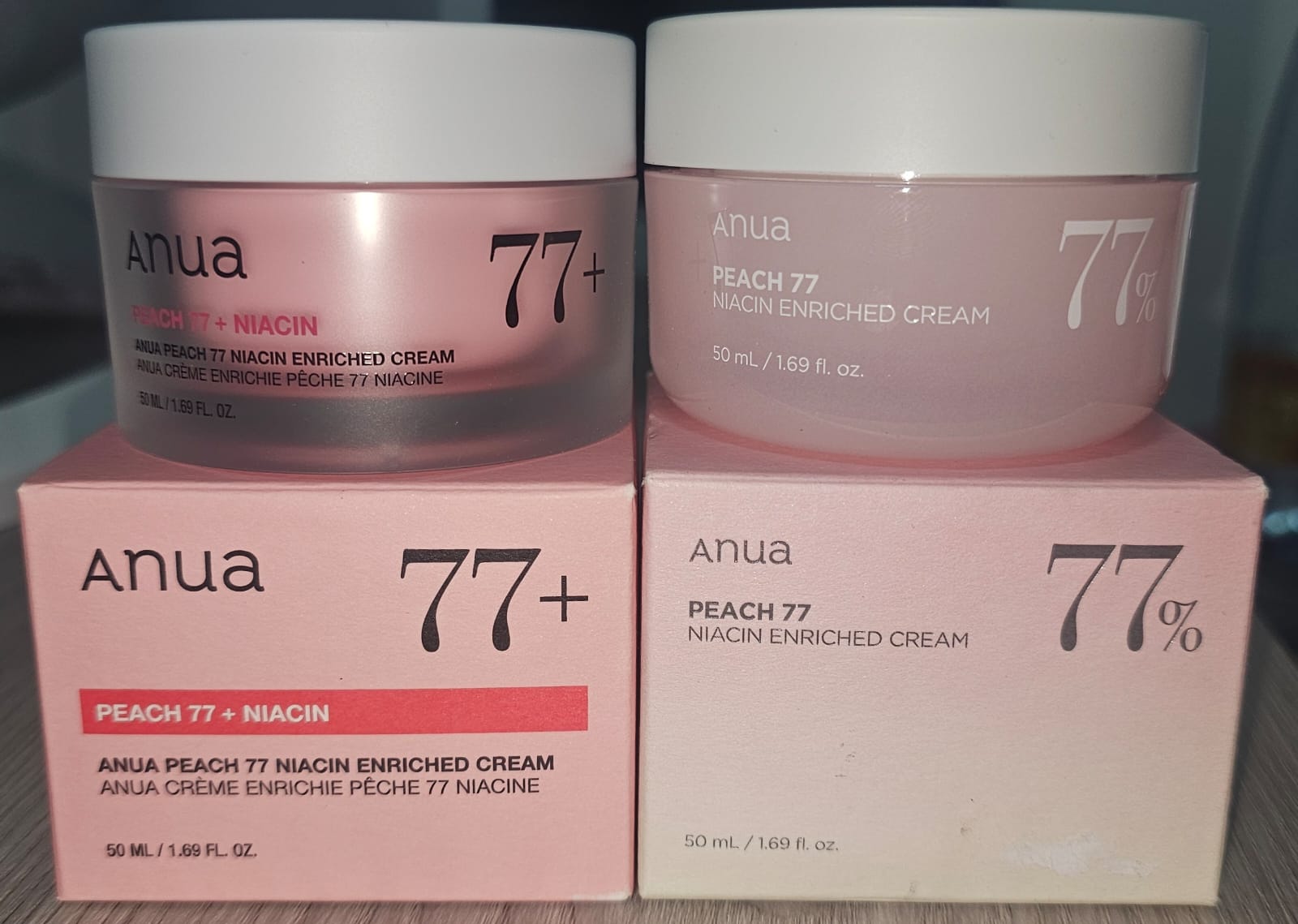 Adilsons Beauty photograph comparing renewed 77 plus and earlier 77 percent Anua Peach 77 cream jars and boxes