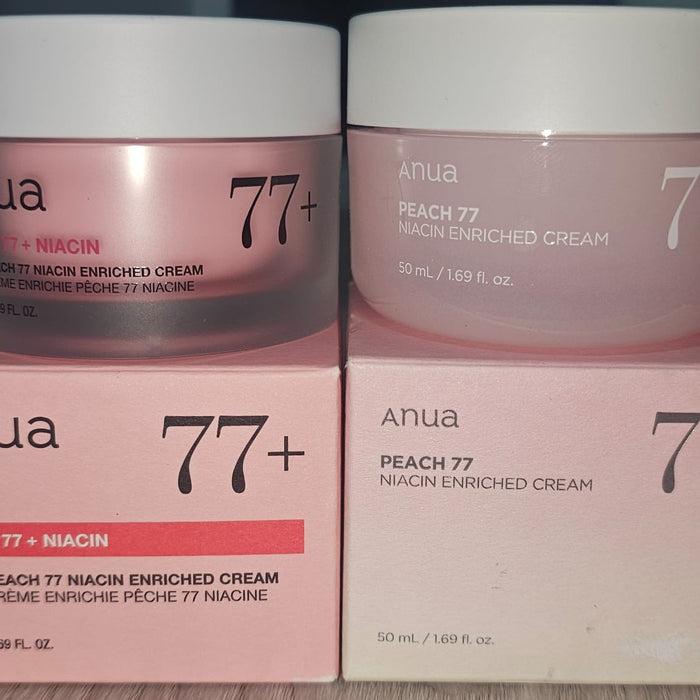Adilsons Beauty photograph comparing renewed 77 plus and earlier 77 percent Anua Peach 77 cream jars and boxes