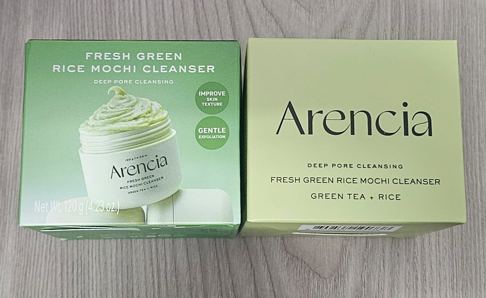 Arencia Fresh Green Rice Mochi Cleanser 120g: illustrated newer carton left, plain earlier carton right