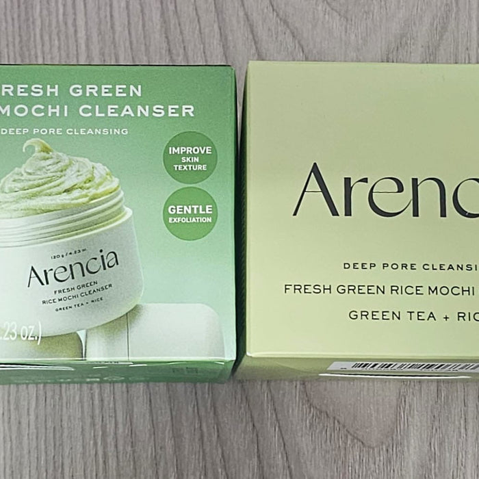 Arencia Fresh Green Rice Mochi Cleanser 120g: illustrated newer carton left, plain earlier carton right