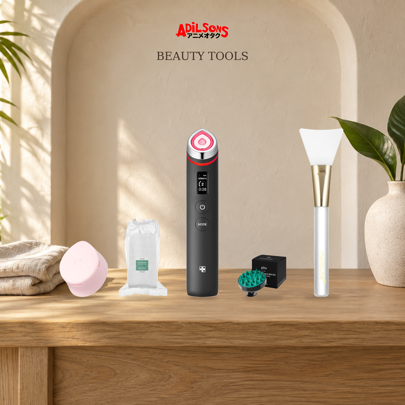 Beauty Tools: Beauty Device Accessory, Cotton Pad, Facial Skincare Device, Scalp Tool, Skincare Tool shown with exact product packaging in a warm beauty setting.