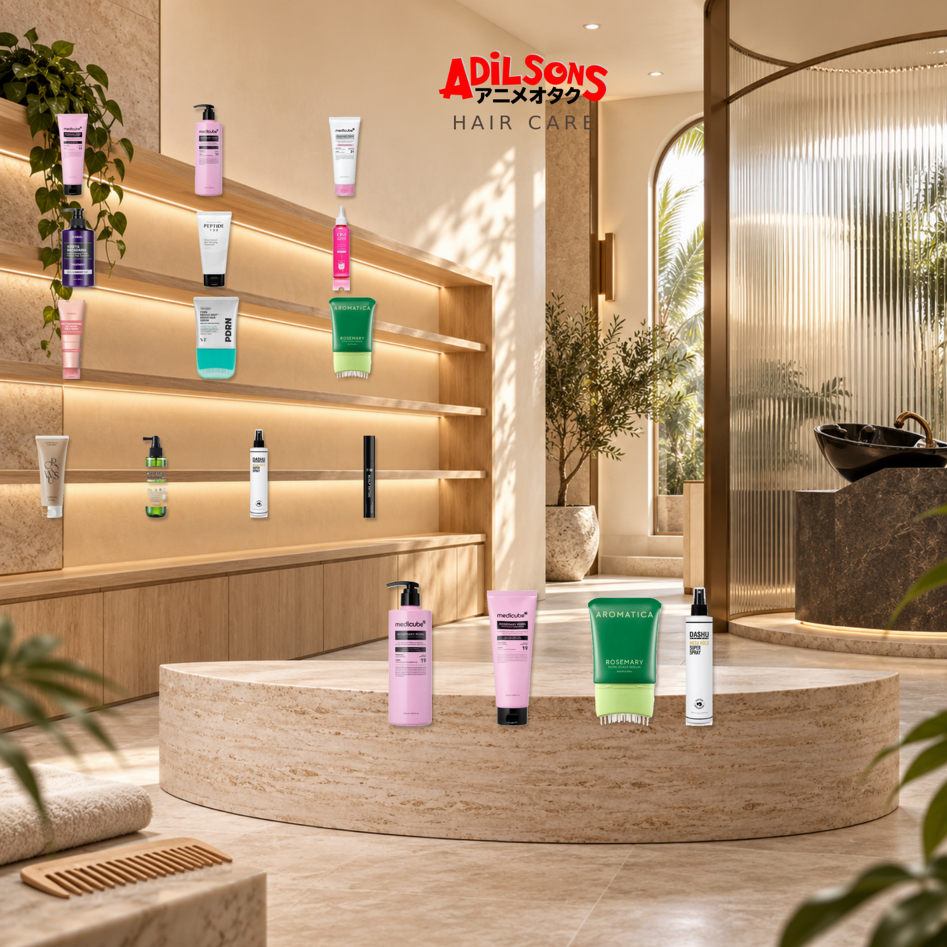 Adilsons Beauty Hair Care collection featuring shampoo, conditioner, treatments, masks, oils, leave-in care, scalp care and styling products