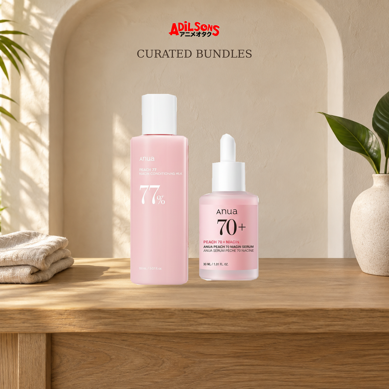 Curated Bundles: Bundle shown with exact product packaging in a warm beauty setting.
