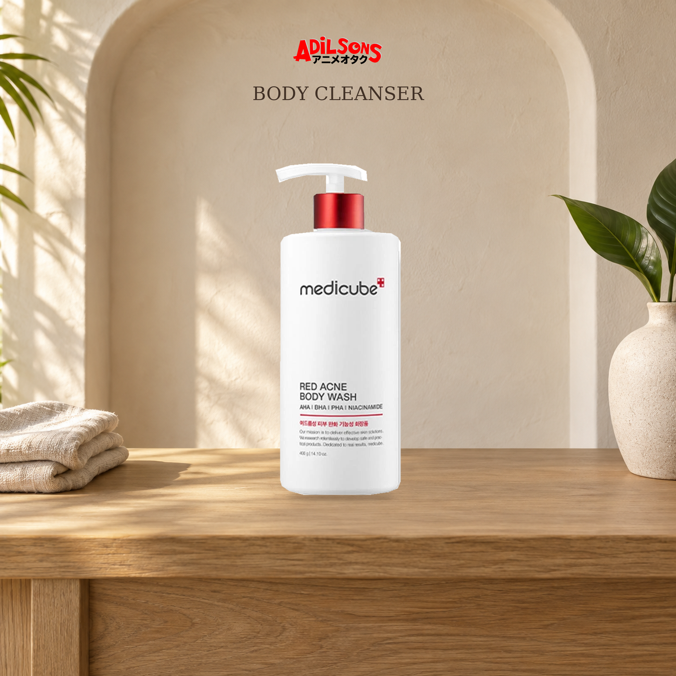 Body Cleanser: Body Cleanser shown with exact product packaging in a warm beauty setting.