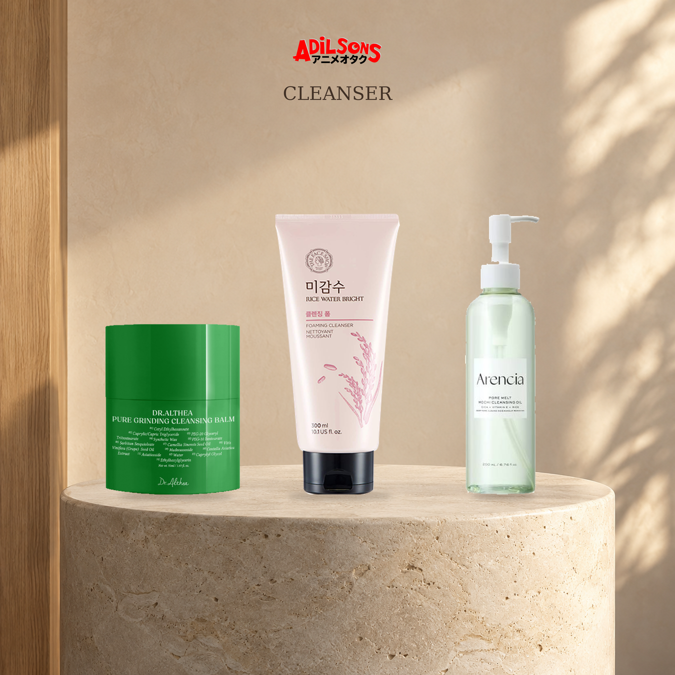 Cleanser: Cleansing Cream & Gel, Cleansing Foam, Cleansing Oil & Water shown with exact product packaging in a warm beauty setting.