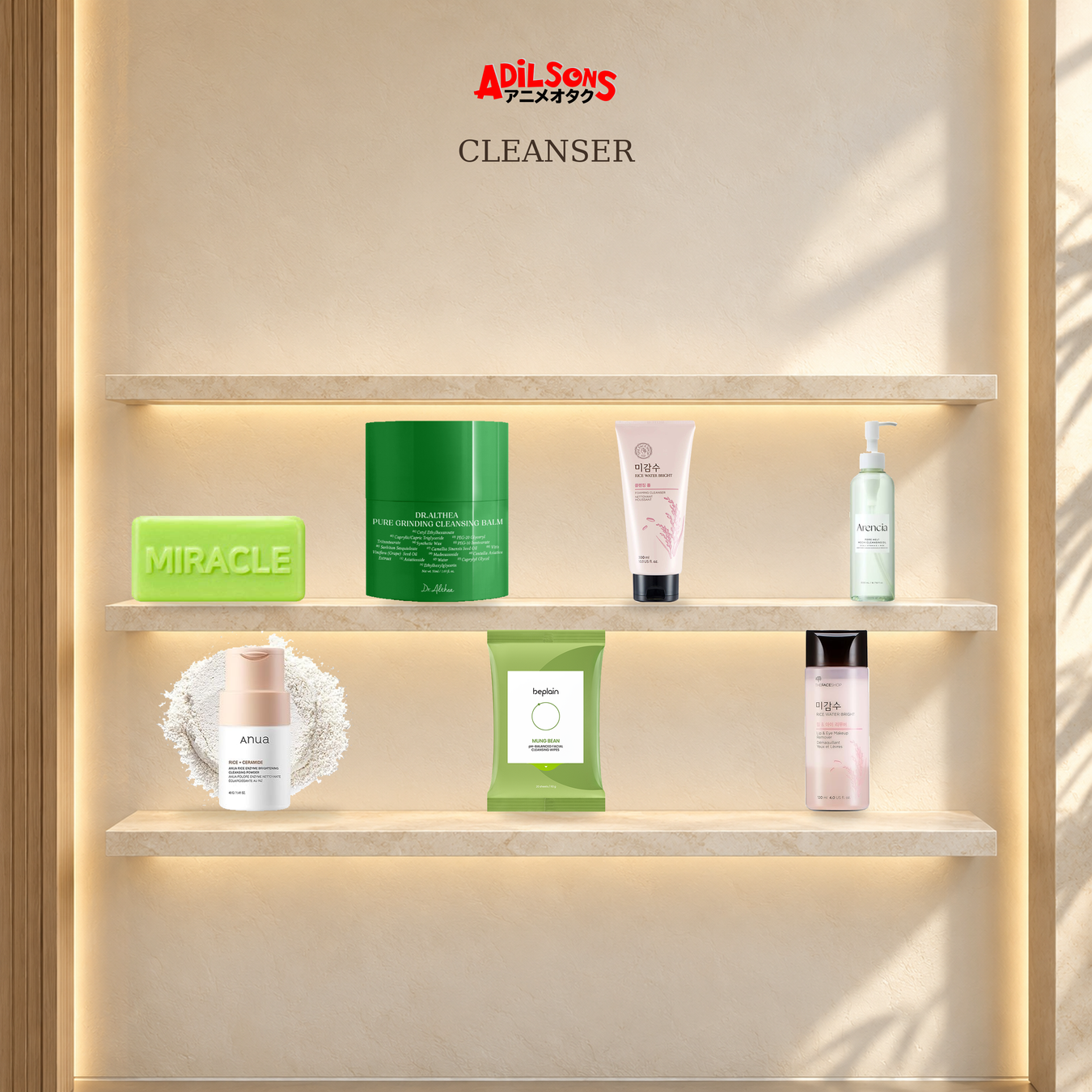 Cleanser: Cleansing Bar, Cleansing Cream & Gel, Cleansing Foam, Cleansing Oil & Water, Cleansing Powder, Cleansing Wipe, Lip & Eye Remover shown with exact product packaging in a warm beauty setting.