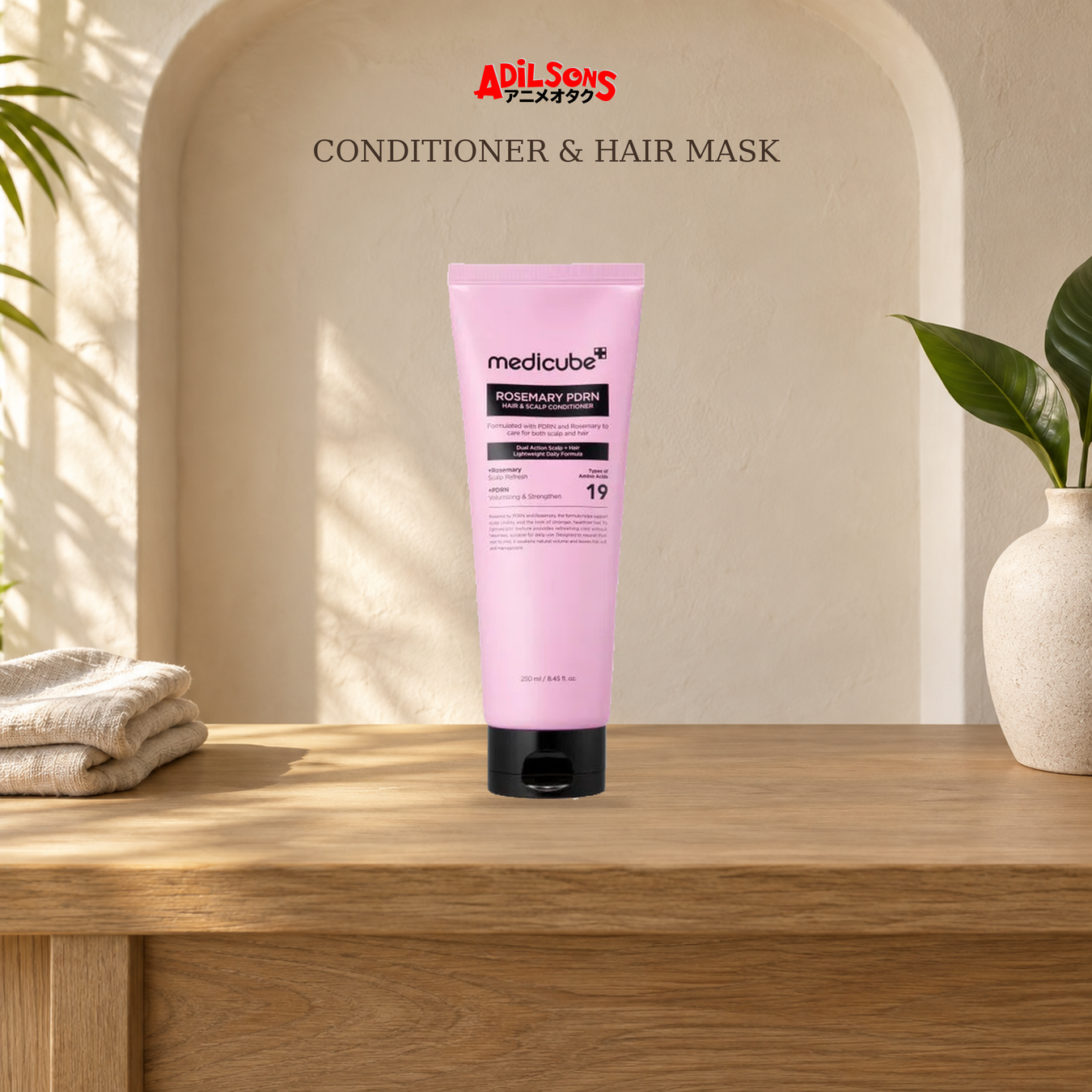 Conditioner & Hair Mask: Conditioner shown with exact product packaging in a warm beauty setting.