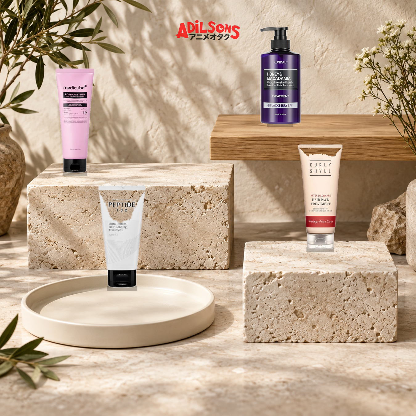 Adilsons Beauty conditioner and hair mask collection featuring all four live product types in a faceless treatment-bar display