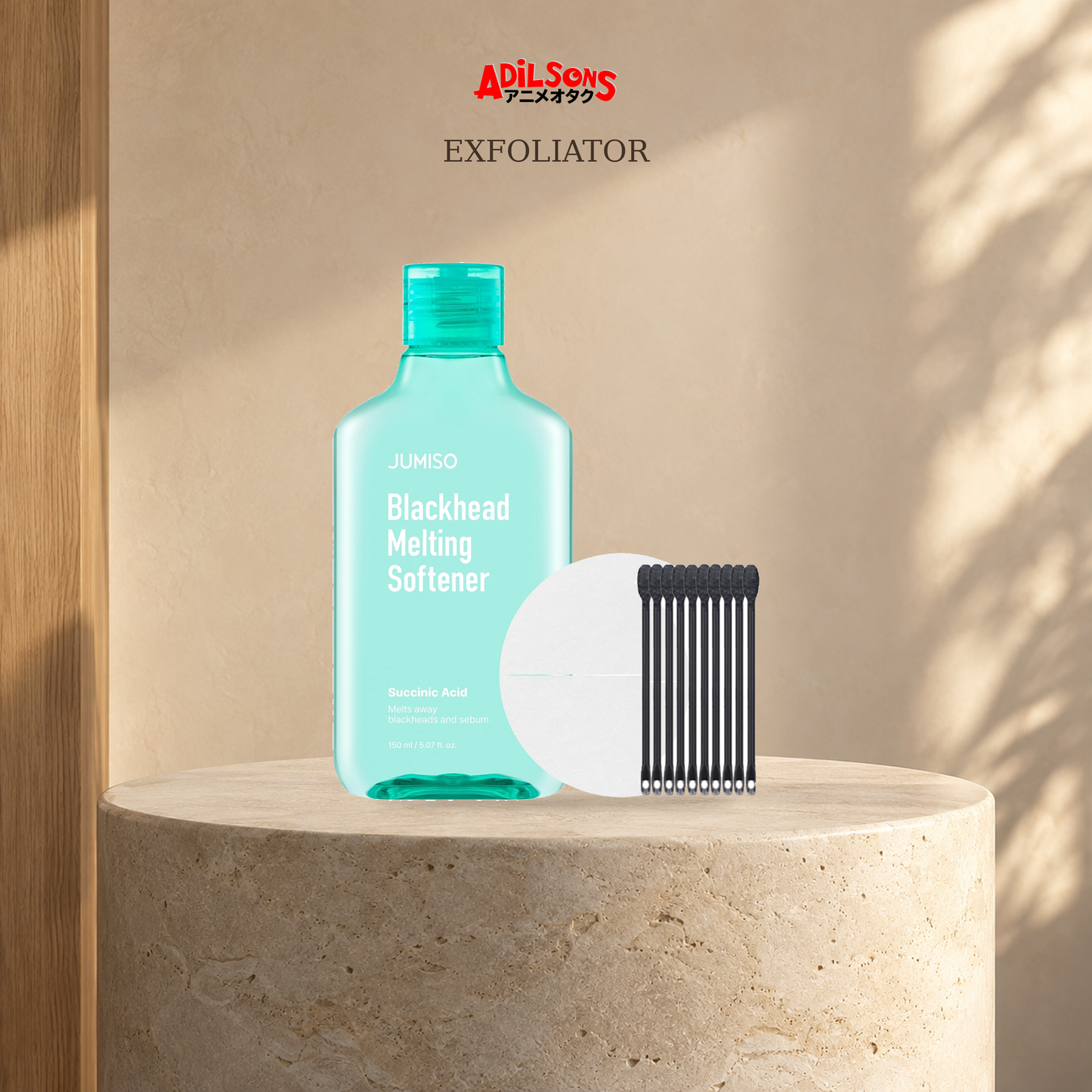 Exfoliator: Exfoliator & Scrub shown with exact product packaging in a warm beauty setting.