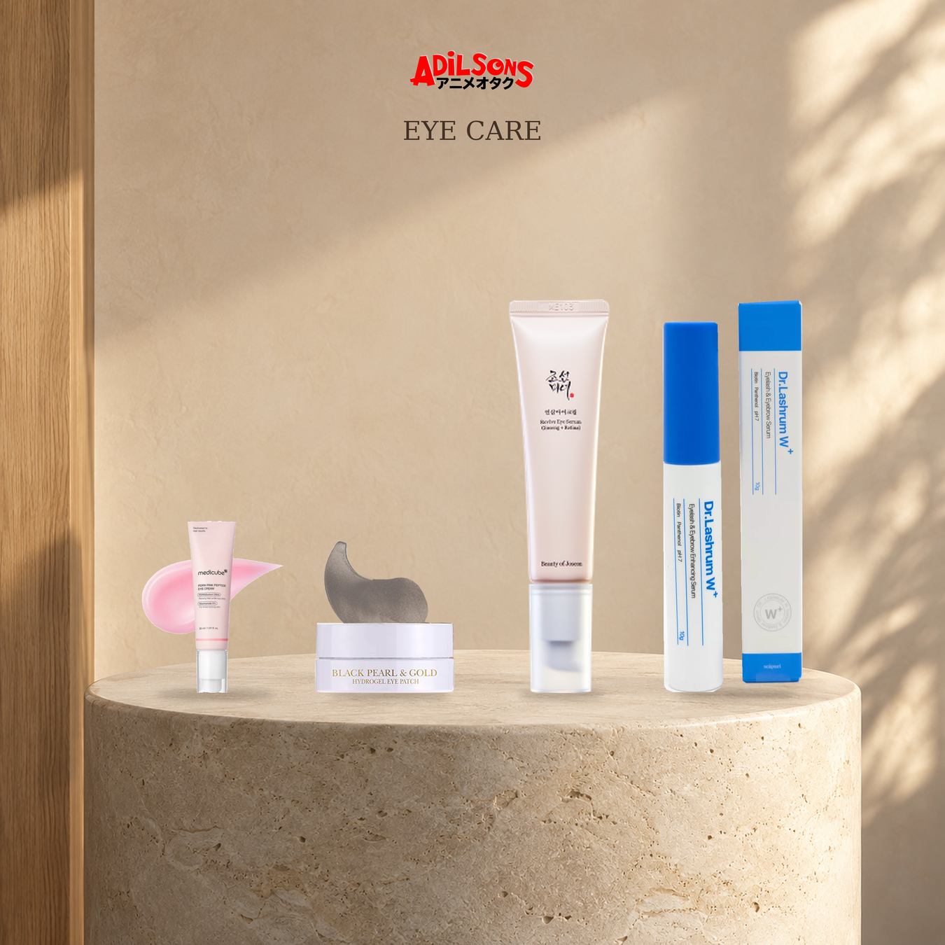 Eye Care: Eye Cream, Eye Patch, Eye Serum, Eyelash Serum shown with exact product packaging in a warm beauty setting.