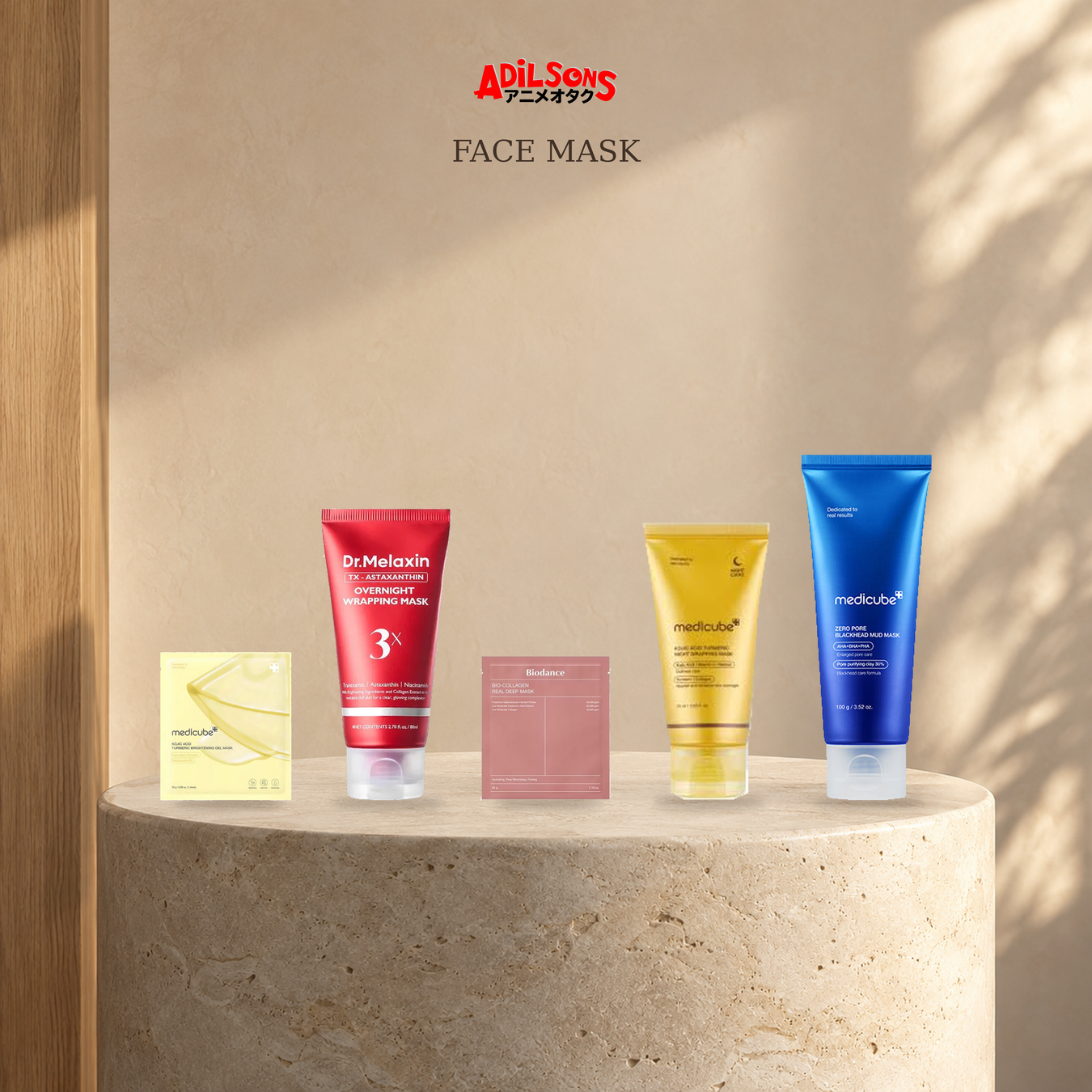 Face Mask: Gel Masks, Peel Off Masks, Sheet Masks, Sleeping Packs, Wash Off Masks shown with exact product packaging in a warm beauty setting.