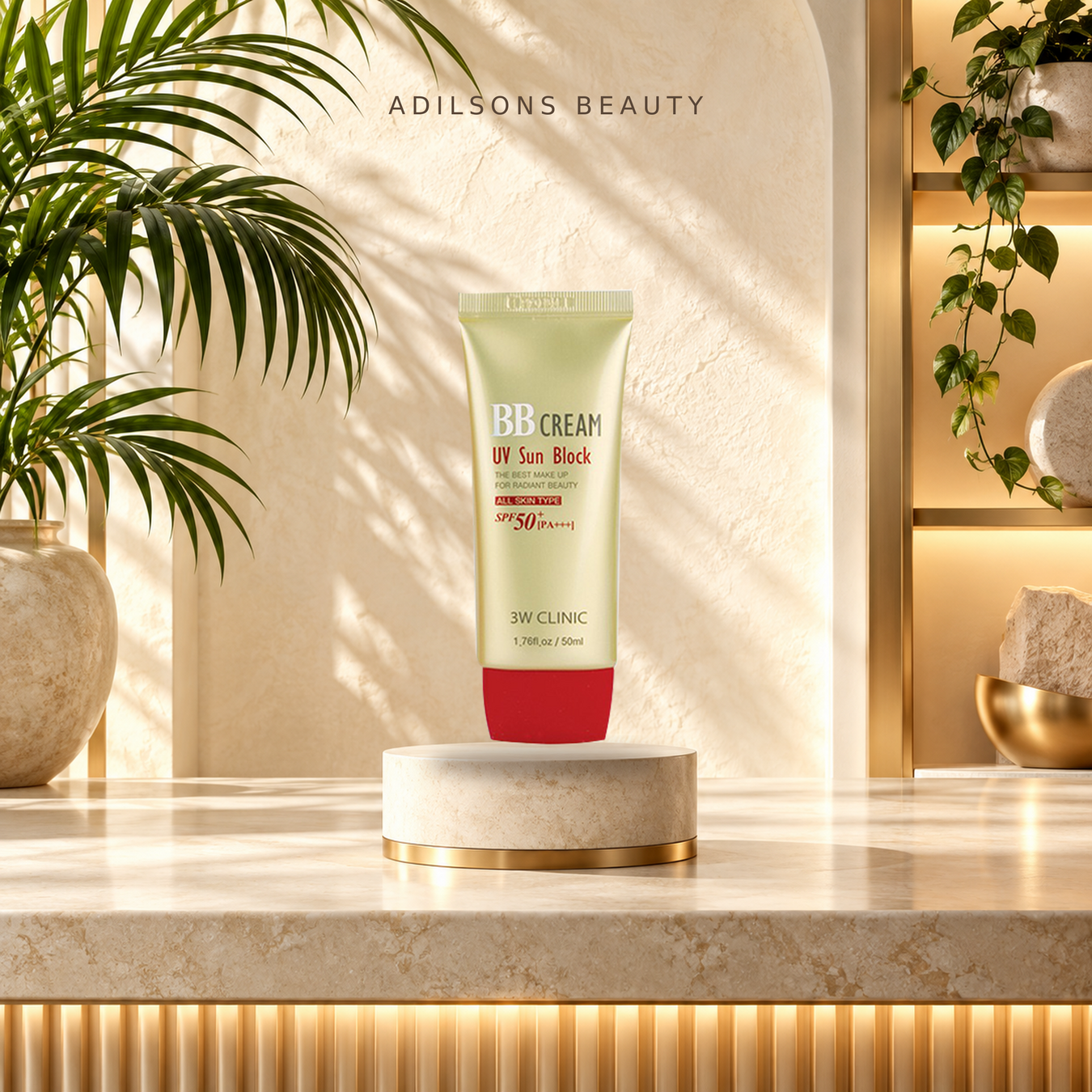 Adilsons Beauty Foundation & Coverage Bestsellers featuring 3W CLINIC BB Cream on a warm ivory beauty counter.