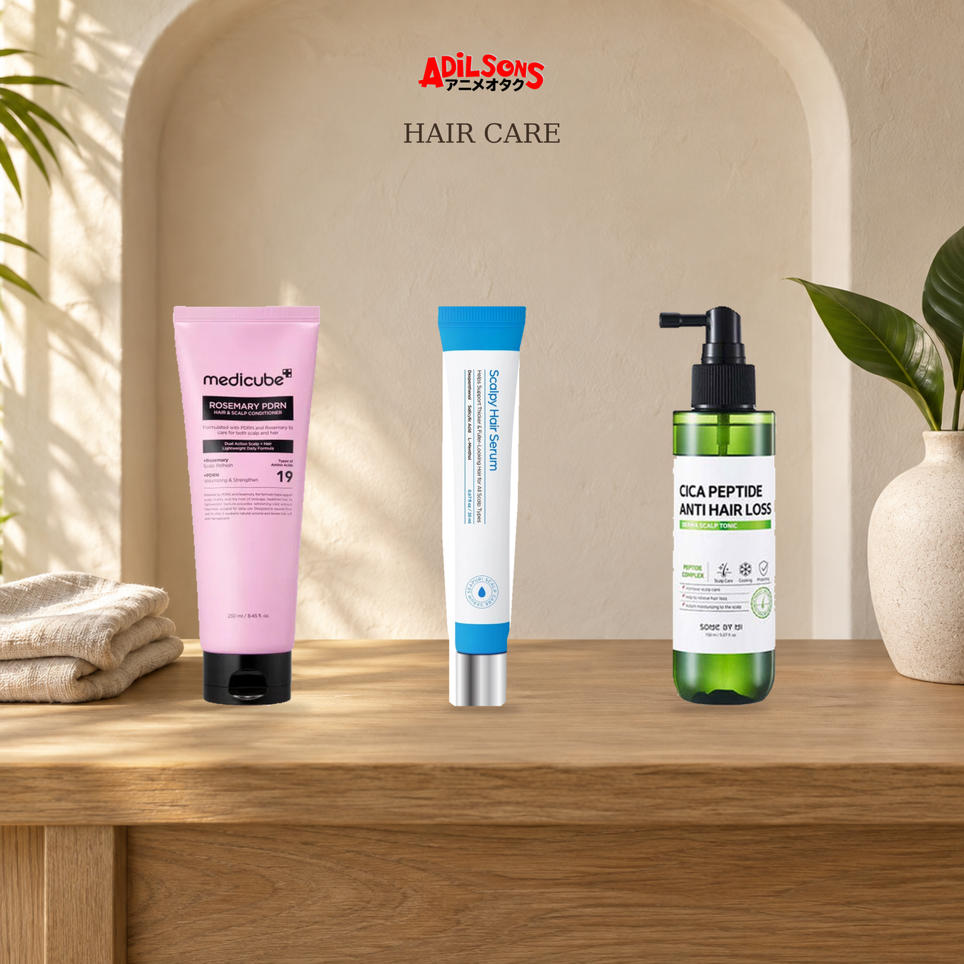 Hair Care: Conditioner, Scalp Serum, Scalp Treatment shown with exact product packaging in a warm beauty setting.
