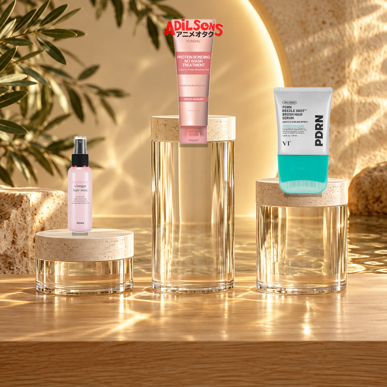 Adilsons Beauty hair oil and leave-in collection featuring all three live product types in a faceless luminous display