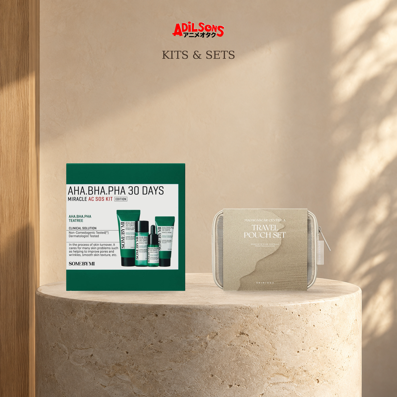 Kits & Sets: Product Set, Trial Kit shown with exact product packaging in a warm beauty setting.