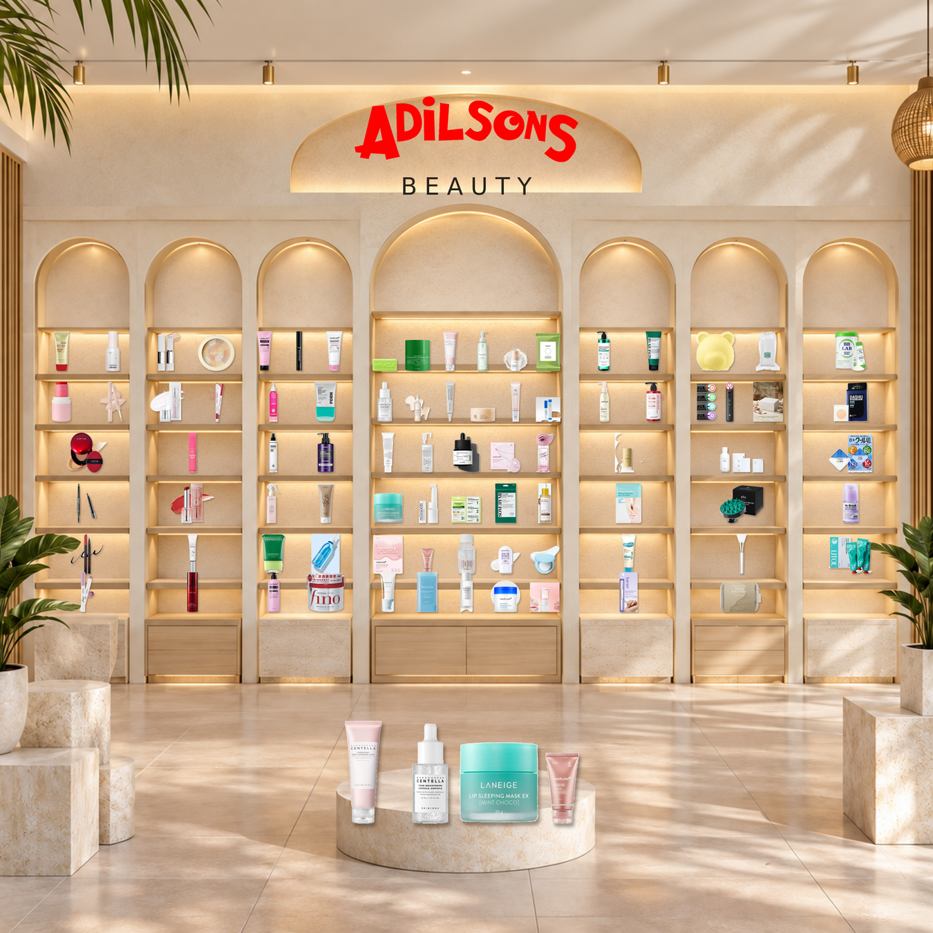 Adilsons Beauty collection featuring facial care, body care, hair care, makeup, beauty tools, kits and wellness products