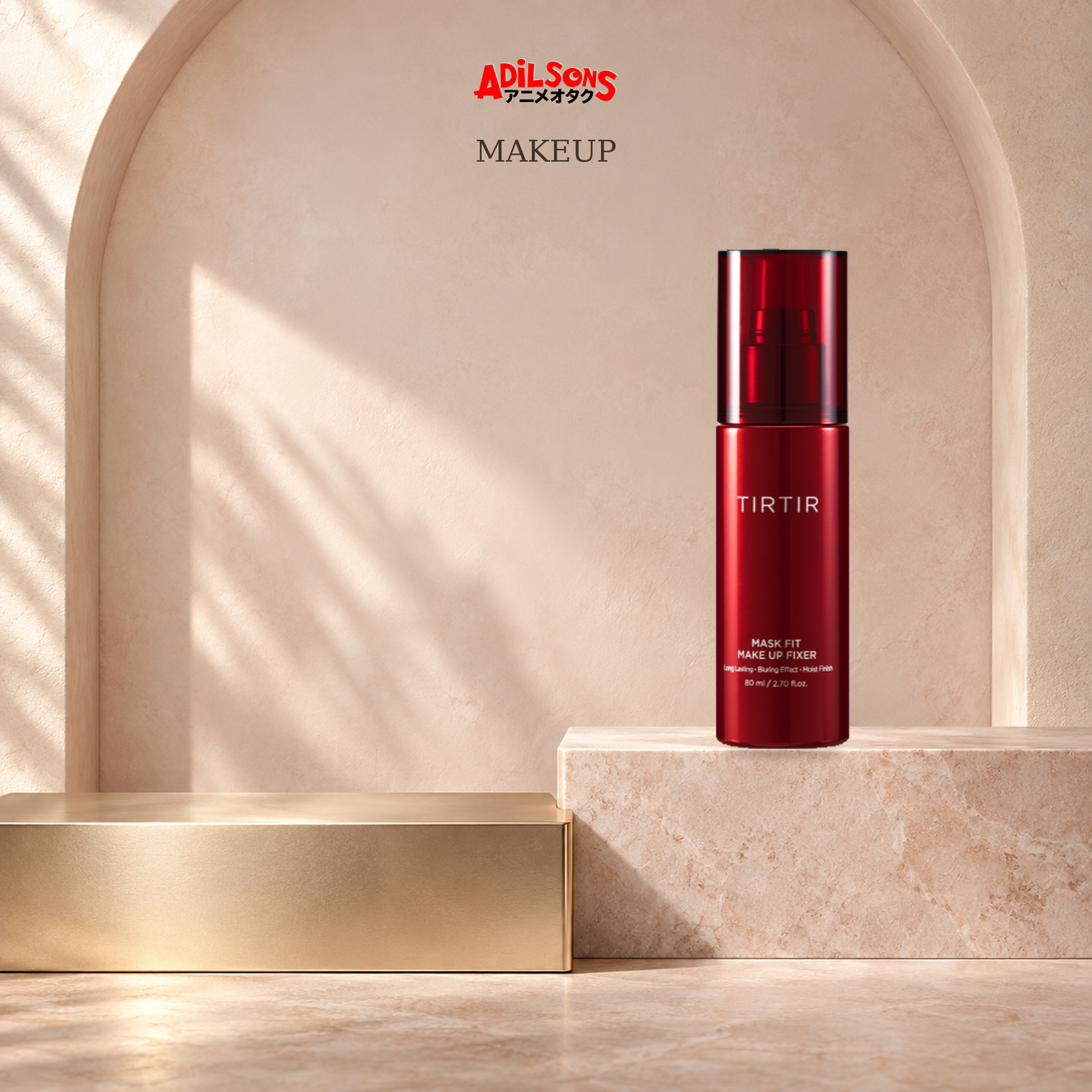 Makeup: Powder & Setting Spray shown with exact product packaging in a warm beauty setting.