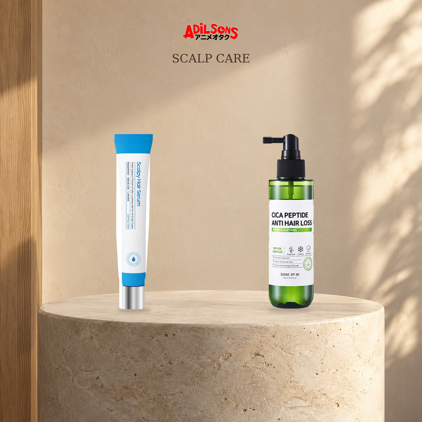 Scalp Care: Scalp Serum, Scalp Treatment shown with exact product packaging in a warm beauty setting.