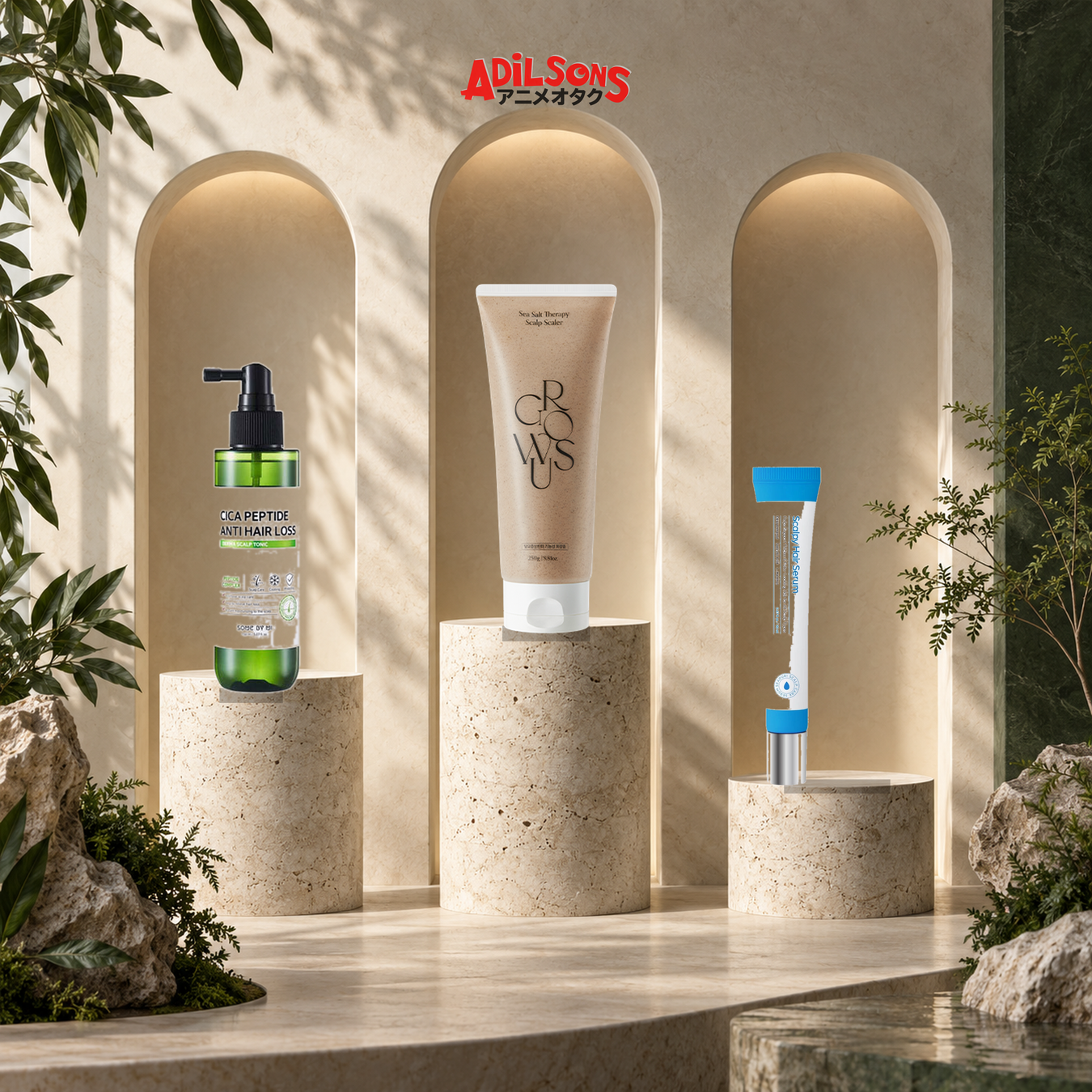 Adilsons Beauty scalp care collection featuring treatment, exfoliator and serum products in a faceless premium display