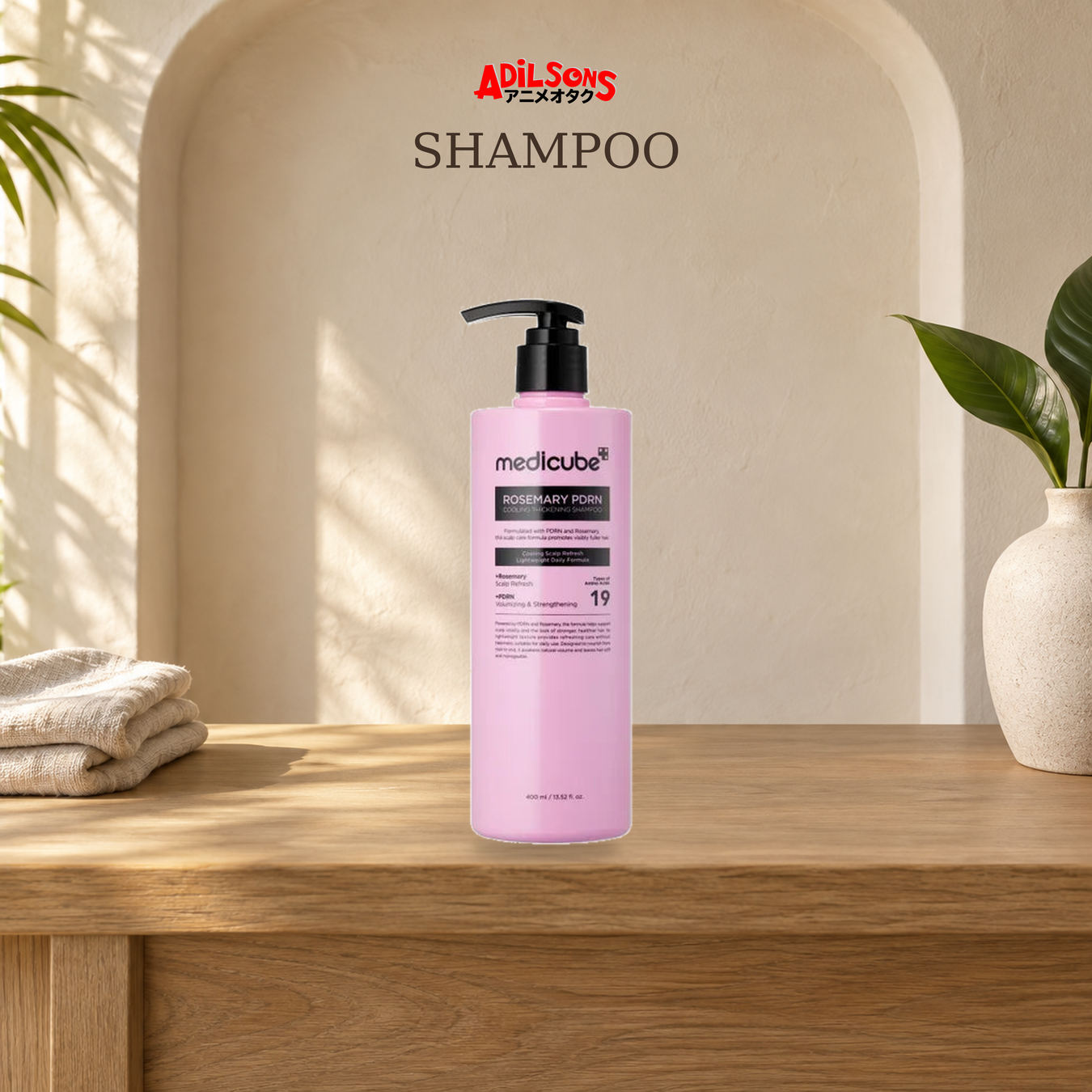 Shampoo bestseller shown with exact Medicube Rosemary PDRN Cooling Thickening Shampoo packaging in a warm beauty setting.