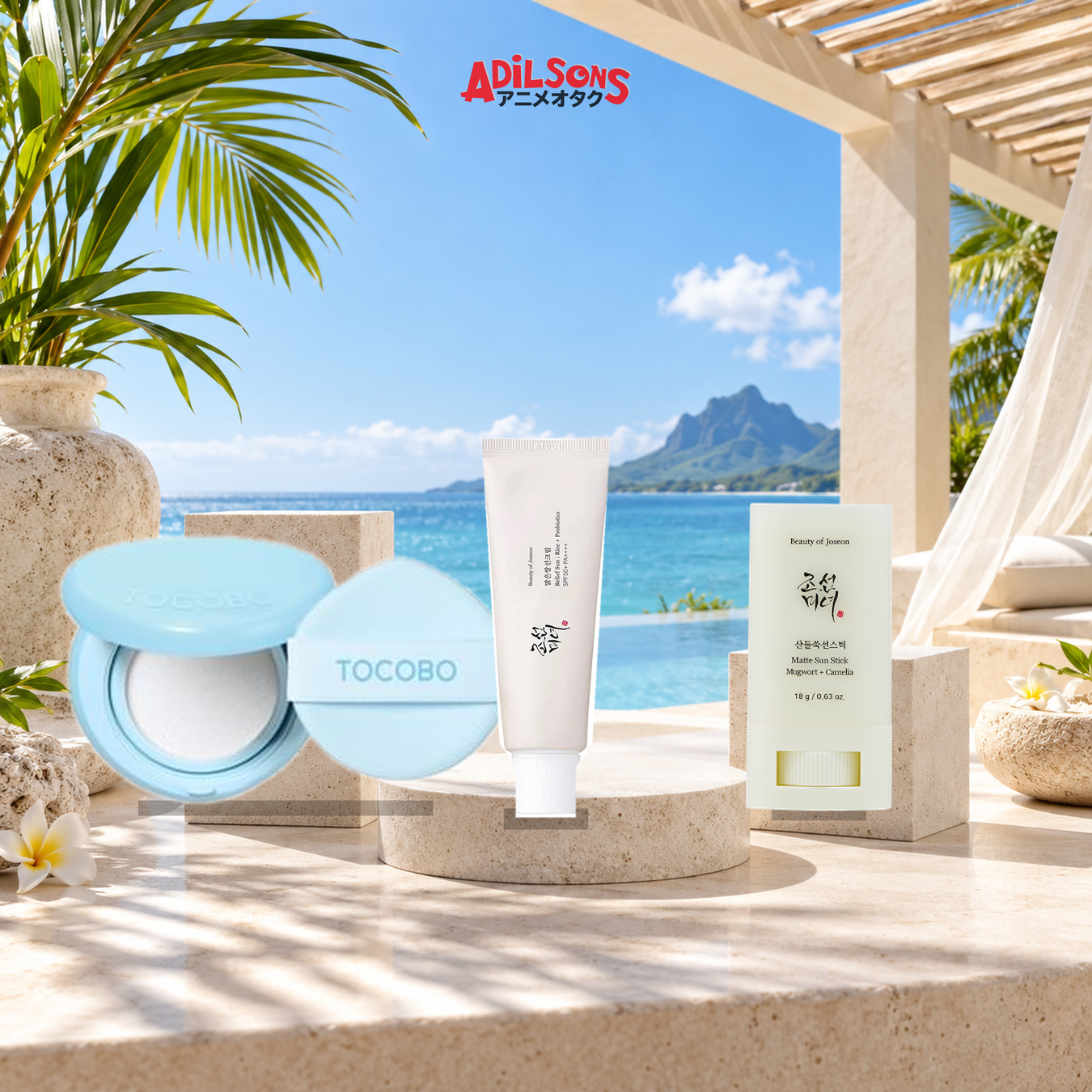 Adilsons Beauty sunscreen collection featuring sun cream, sun stick and sun cushion in a faceless tropical display