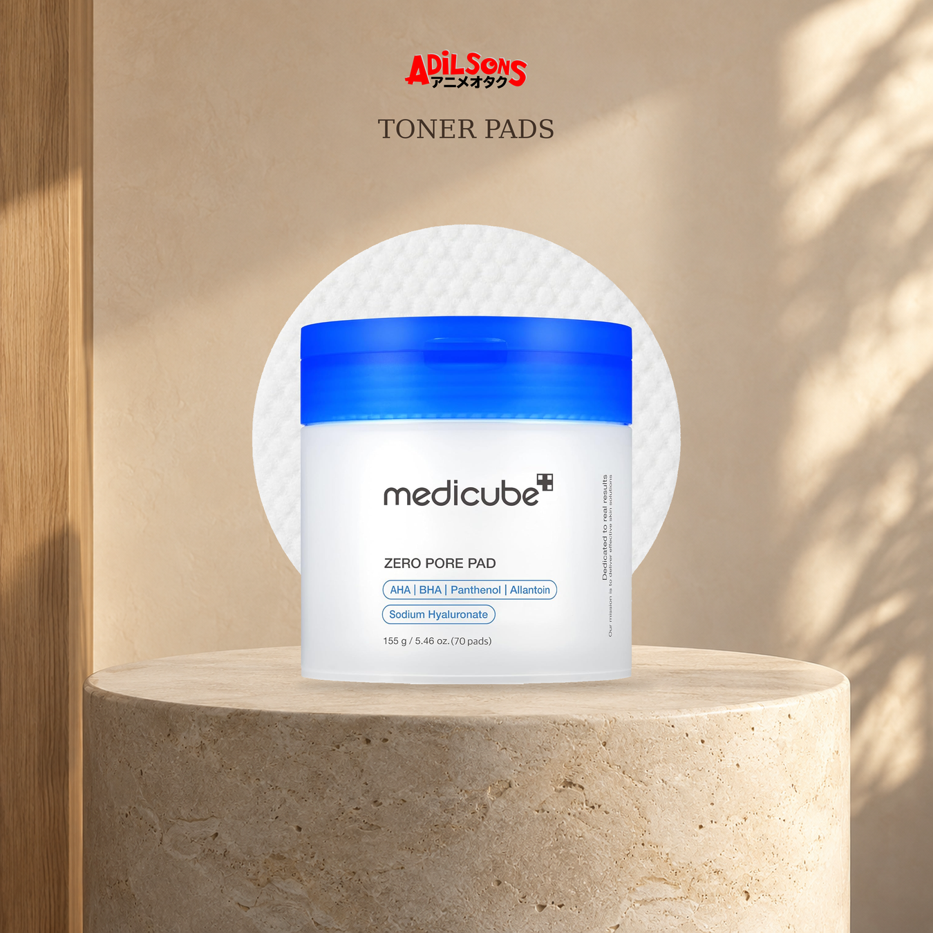 Toner Pads: Toner Pad shown with exact product packaging in a warm beauty setting.