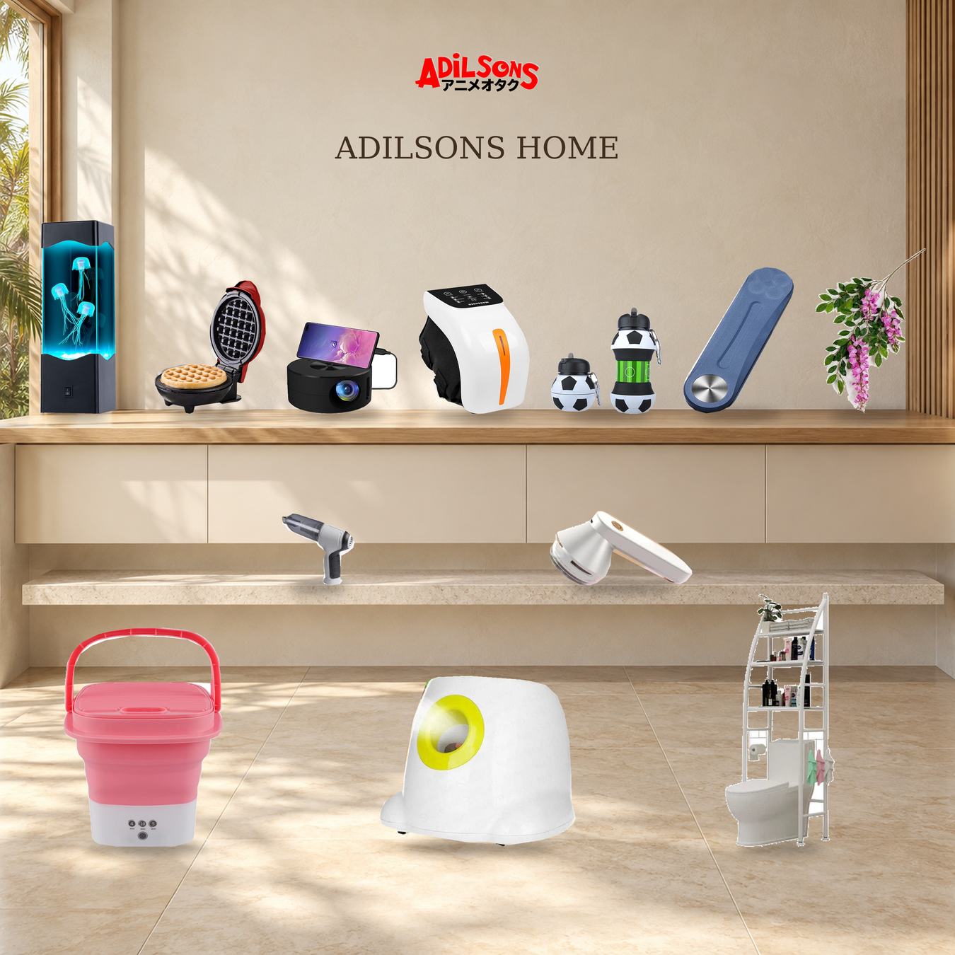 Adilsons Home: household utility, lighting, kitchen tools, projector, massage device, bottle, phone holder, decoration, cleaning, pet toy, pet hair remover and home storage in a warm home setting.