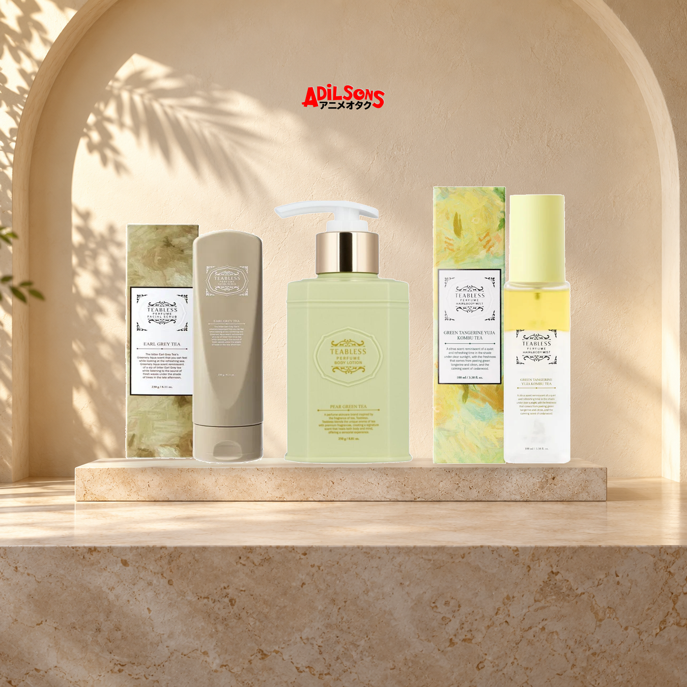 TEABLESS collection display with exact facial scrub, body lotion and hair and body mist packaging.