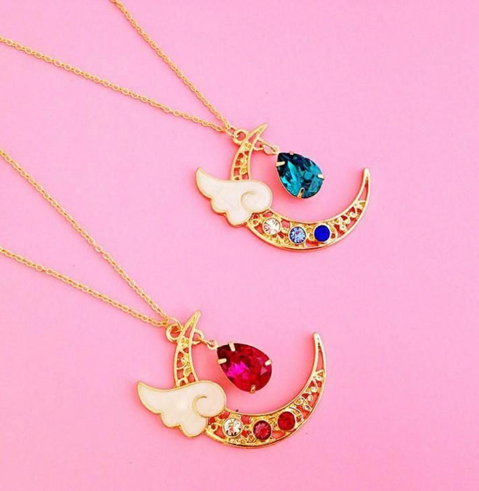 Crystal Heart Drop Moon Necklace