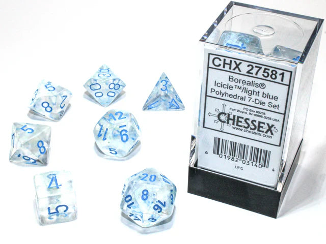 Chessex Mini Borealis Polyhedral 7 Die Set Luminary Icicle Light Blue