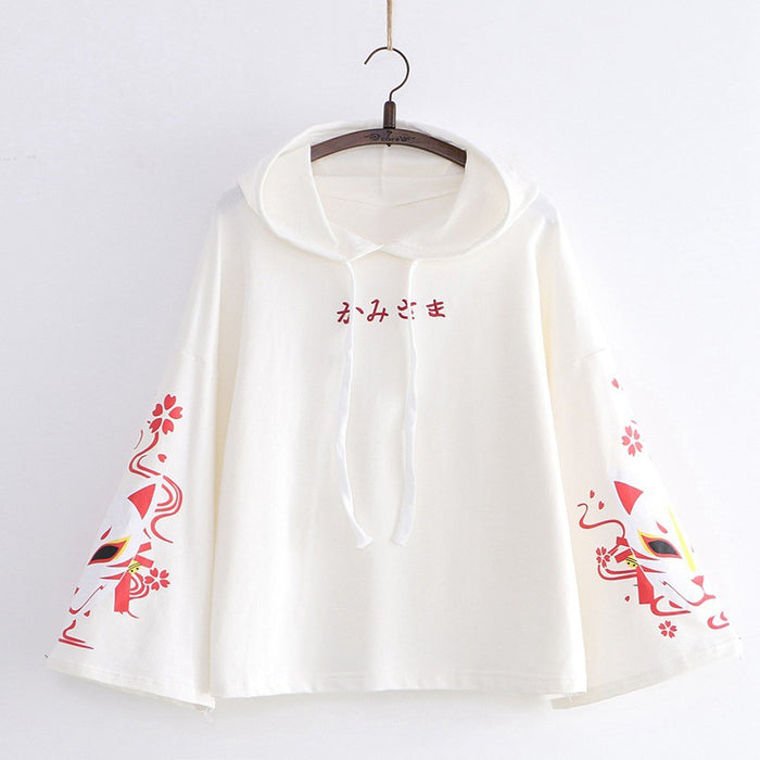 Sakura Fox Mask Print Hoodie White