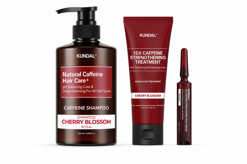 Kundal Caffeine & Scalp Strengthening 3-Piece Hair Care Set for Fine, Thinned or Shedding Hair with Oily Scalp – Shampoo, 10X Treatment & Scalp Serum; Complete Wash-Day System