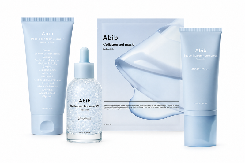 Abib 4-Piece K-Beauty Soothing & Hydrating Set for Dehydrated, Sensitive-Leaning Skin with Mild Uneven Tone – Cleanser, Serum, Gel Mask & Sunscreen; Complete Care Routine; Use with Water-Based Cleanser