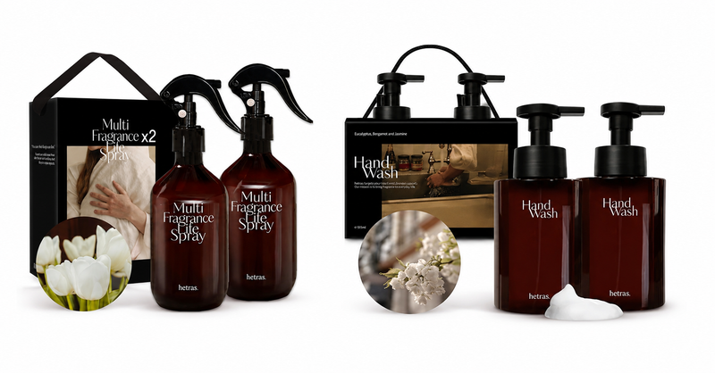 Hetras 4-Piece Daily Body Fragrance & Hand Cleansing Set for Fresh, Gentle Daily Hygiene and Hydration – 2 Fragrance Sprays & 2 Bubble Hand Washes; Complete Set