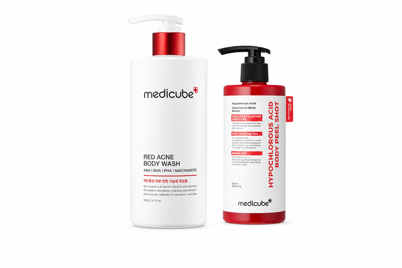 Medicube Red Acne Body Wash & Hypochlorous Acid Body Peel Shot Routine Set for Resilient Body Skin with Rough Texture and Mild Post-Breakout Marks
