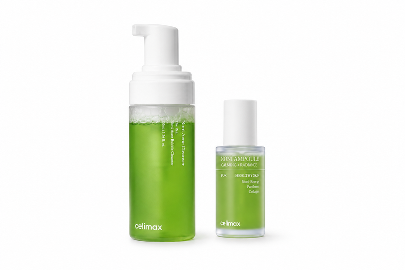 Adilsons Curated 2-Piece Soothing Routine for Sensitive and Oily Skin with Mild Blemish Congestion – Celimax Noni Acne Bubble Cleanser & Noni Energy Ampoule