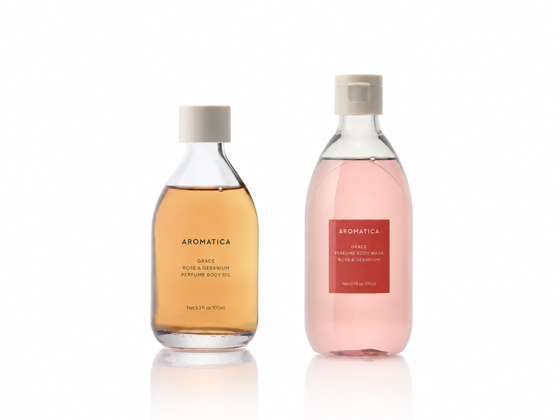 Aromatica Grace Perfume Body Care 2-Piece Routine Set with Rose & Geranium – Cleansing Body Wash & Moisturizing Body Oil; Complete Daily Body Care System