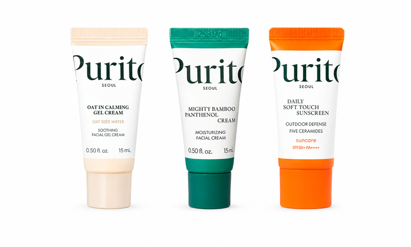 Purito Seoul 3-Piece Calming & Daily Defence Set for Dehydrated, Sensitive-Leaning Skin with Mild Redness and Dryness – Oat-In Gel Cream, Mighty Bamboo Cream & Daily Soft Touch Sunscreen; Partial Routine; Use with a Gentle Cleanser