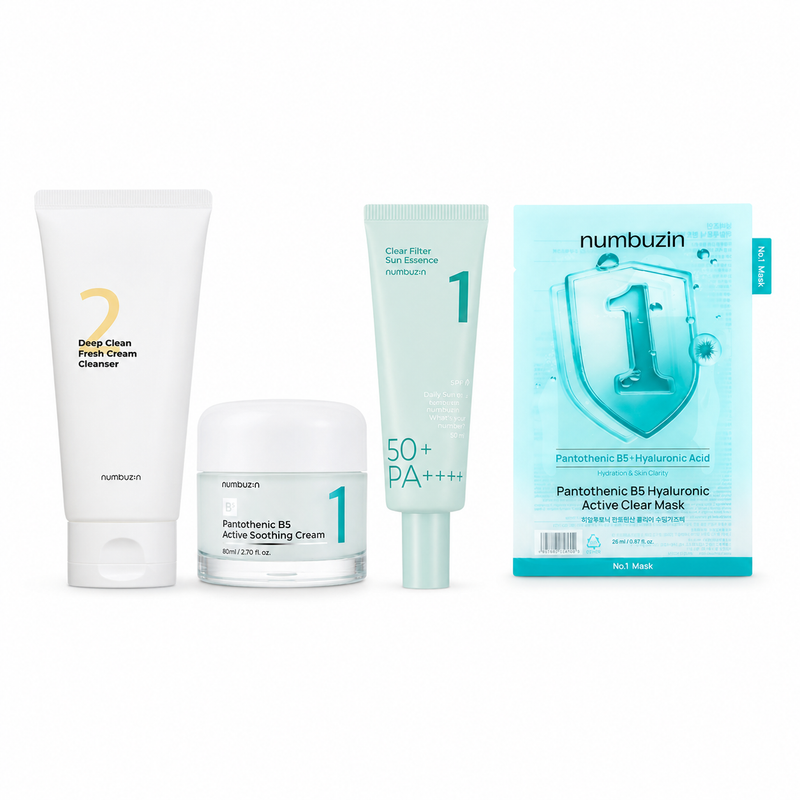 Adilsons Curated 4-Piece Soothing & Barrier-Support Routine for Oily, Sensitive-Leaning Skin with Mild Congestion – Cleanser, Soothing Cream, Sun Essence & Clearing Mask