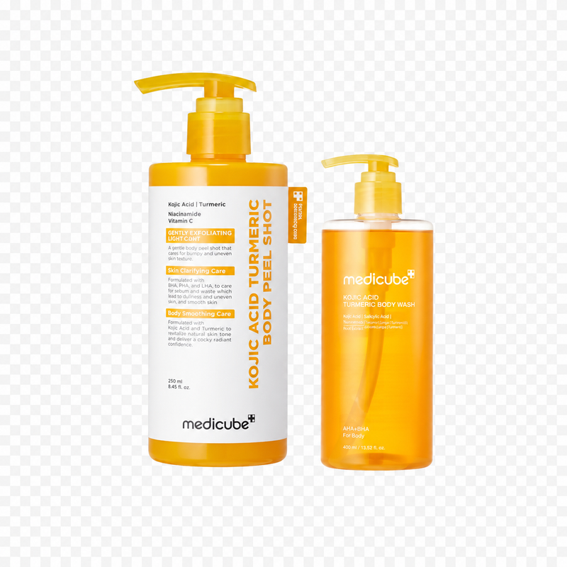 Medicube 2-Piece Tone & Texture Set for Dull Body Skin – Includes One KOJIC ACID TURMERIC VITA BRIGHTENING BODY WASH 400ml (Cleanser), and One KOJIC ACID TURMERIC BODY PEEL SHOT 280ml (Peel); Use with Your Own Body Moisturizer & Sunscreen