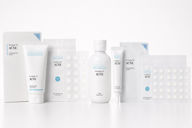 Pyunkang Yul 5-Piece Active Breakout & Pore Control Set for Oily, Blemish-Prone Skin with Inflamed Spots – Cleanser, BHA Toner, Spot Cream, Hydrocolloid Patches & Masks; Targeted Partial Routine; Use with Daily Moisturizer & SPF