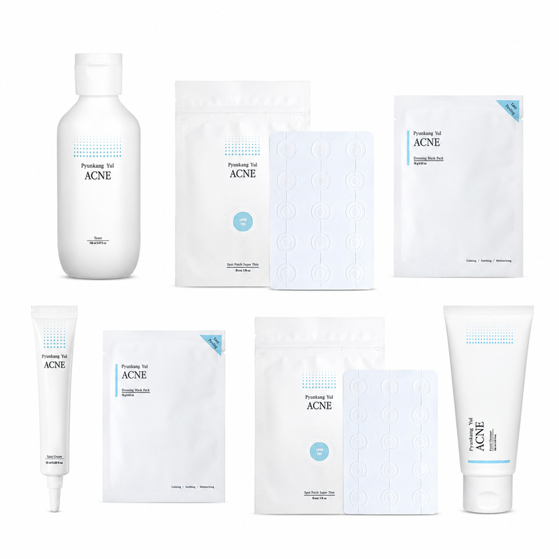 Pyunkang Yul 5-Piece Active Breakout & Pore Control Set for Oily, Blemish-Prone Skin with Inflamed Spots – Cleanser, BHA Toner, Spot Cream, Hydrocolloid Patches & Masks; Targeted Partial Routine; Use with Daily Moisturizer & SPF