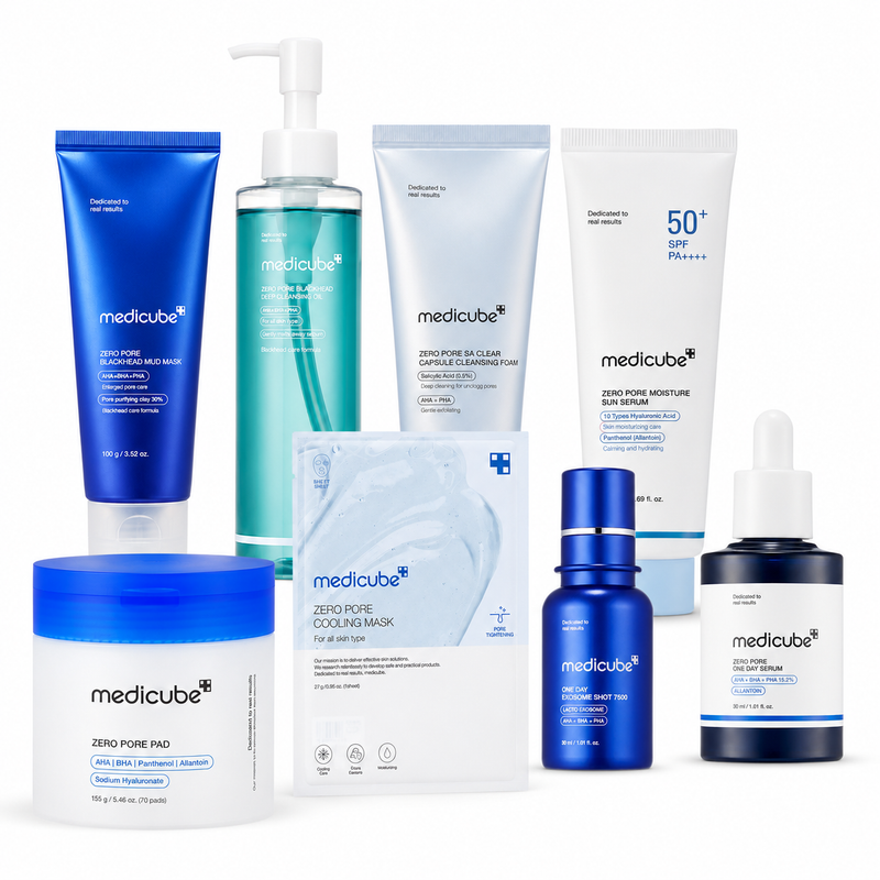 Adilsons Curated 8-Piece Zero Pore Complete Routine & Treatment Set for Oily, Dehydrated Skin with Congestion and Enlarged Pores – Cleansing, Exfoliating, Treatment, Mask, Cream & SPF; Complete Routine; Use with Daily UV Protection