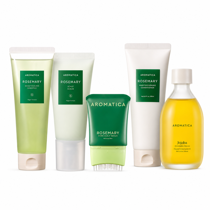 Adilsons Curated 5-Piece Complete Aromatica Rosemary Scalp and Hair Care Set – Shampoo, Scrub, Conditioner, Scalp Serum & Organic Jojoba Oil for Oily Scalp, Thinning Hair & Dry Lengths