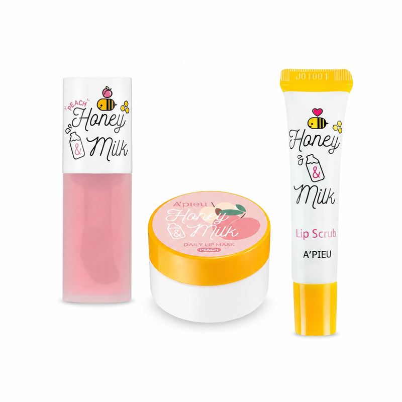 Adilsons Curated 3-Piece Lip Care Set for Dry, Flaking Lips – Gentle Exfoliating Scrub, Daily Peach Mask, Softening Balm & Nourishing Oil