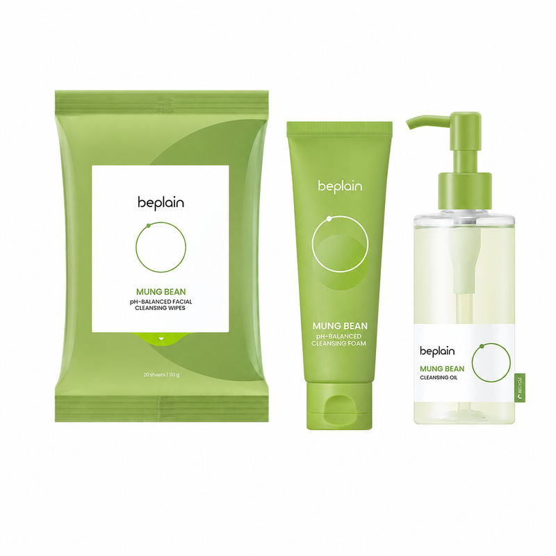 beplain 3-Piece Mung Bean Double Cleansing Set for Sensitive-Leaning Skin Prone to Post-Wash Tightness – Cleansing Oil 200ml, pH-Balanced Foam 80ml & Cleansing Wipes 20ea; Complete Cleansing System; Use with Your Preferred Moisturizer