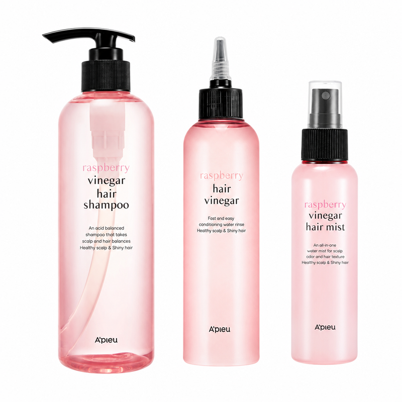 A'pieu 3-Piece Clarifying & pH-Balancing Wash-Day Set for Dull Hair and Buildup-Prone Scalps – Raspberry Vinegar Shampoo, Scalp Rinse & Hair Mist; Complete Clarifying System; Use with a traditional conditioner for dry mid-lengths