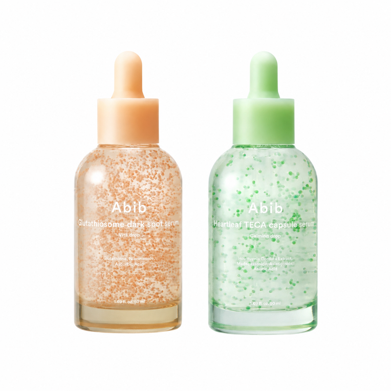 Abib 2-Piece Soothing & Barrier Reset Set for Dehydrated, Reactive Skin with Mild Irritation – Glutathiosome Dark Spot Serum Vita Drop & Heartleaf Teca Capsule Serum Calming Drop; Complete Set; Use with Daily Sunscreen