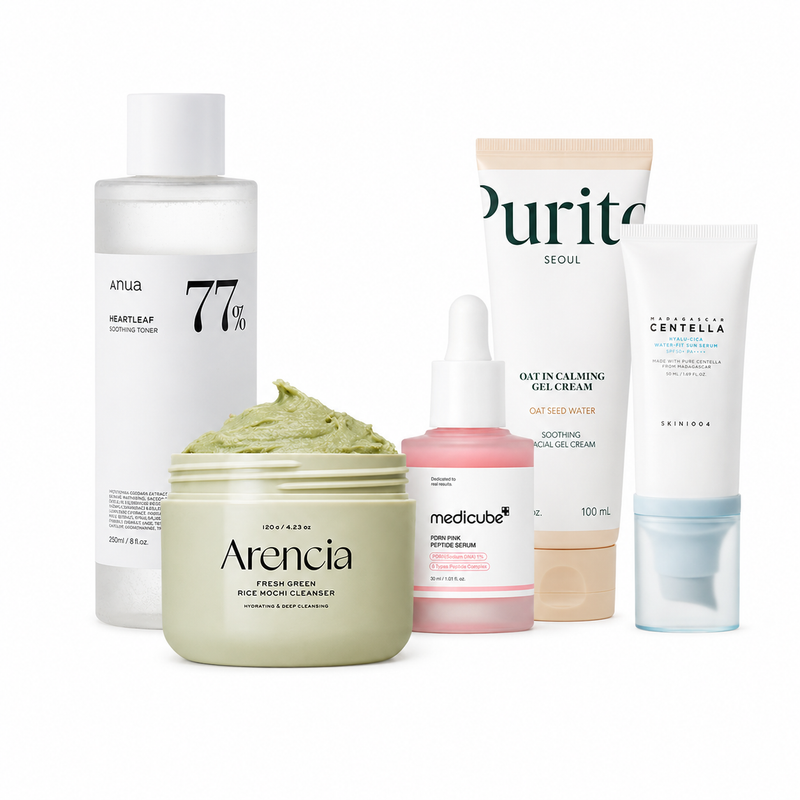 Adilsons Curated 5-Piece K-Beauty Soothing & Barrier Routine – Cleanser, Toner, Serum, Gel Cream & Sun Serum