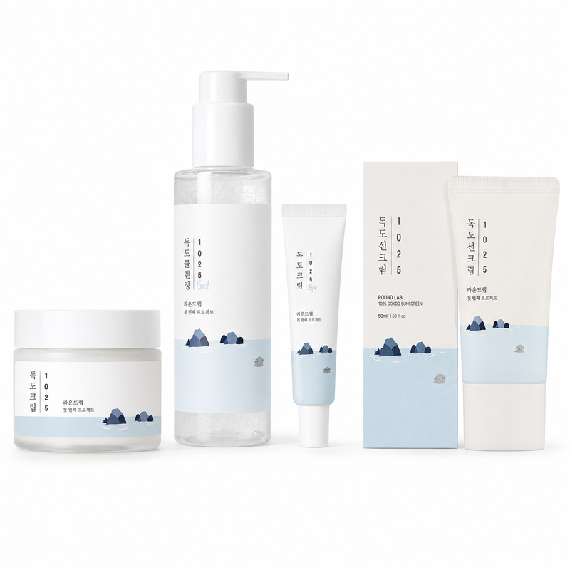 Round Lab Dokdo 4-Piece Daily Routine for Normal, Dry or Combination Skin – Gentle Cleanser, Hydrating Cream, Eye Cream & Sunscreen